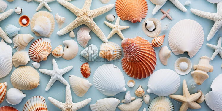 Seashells, starfish on blue background - Starpik Stock