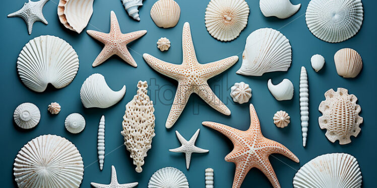 Seashells, starfish on blue background - Starpik Stock