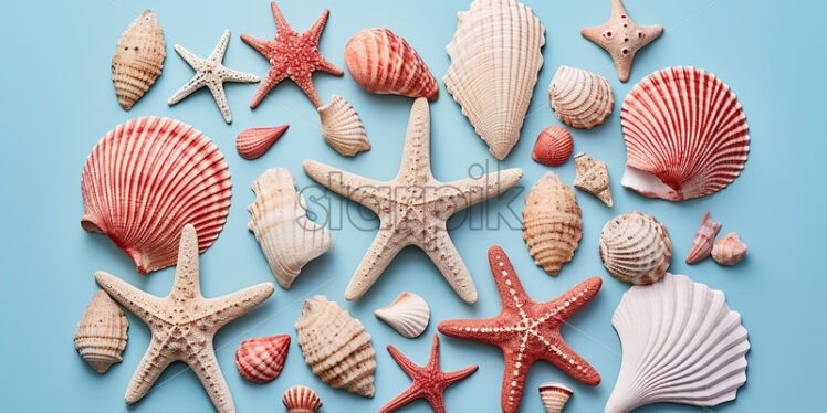 Seashells, starfish on blue background - Starpik Stock