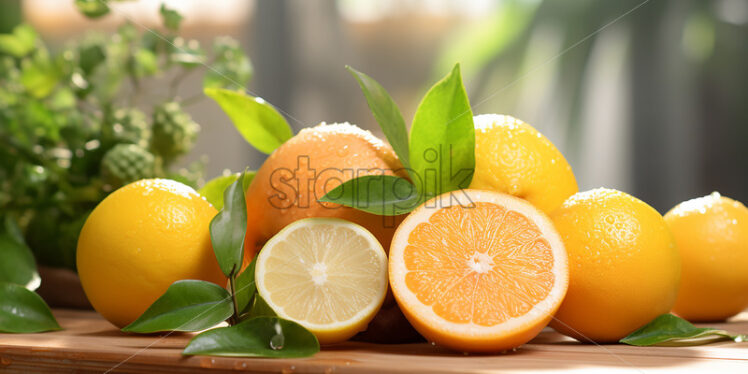 Several citrus fruits on a wooden table - Starpik Stock