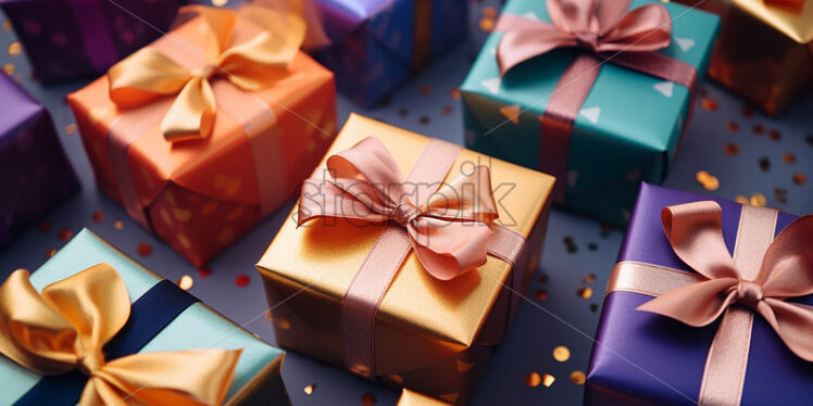 Several colorful gifts on blue background - Starpik Stock