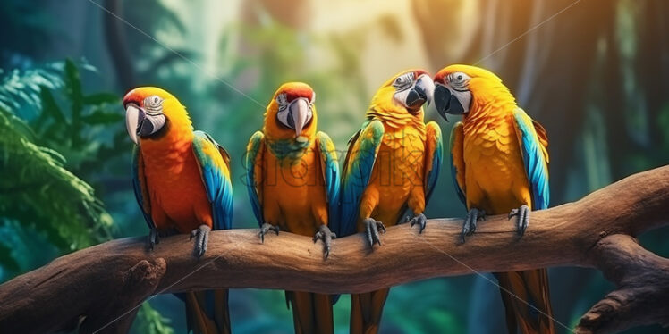 Several parrots on a branch in a tropical forest - Starpik Stock