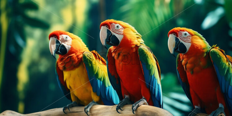 Several parrots on a branch in a tropical forest - Starpik Stock