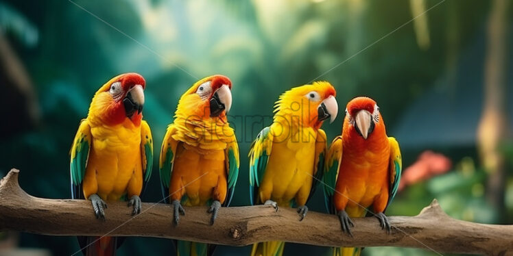 Several parrots on a branch in a tropical forest - Starpik Stock