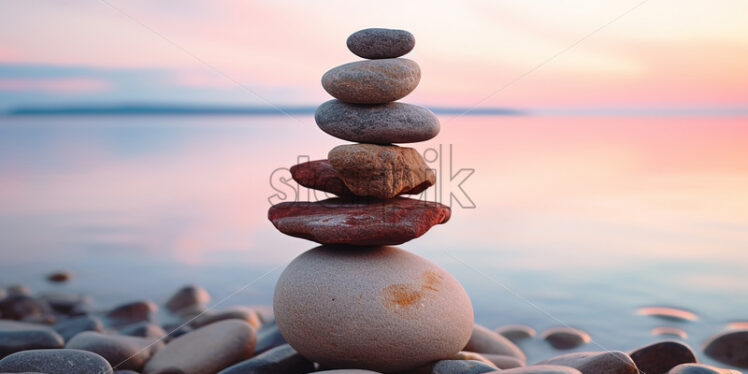 Several stones arranged one above the other on the shore of a lake - Starpik Stock