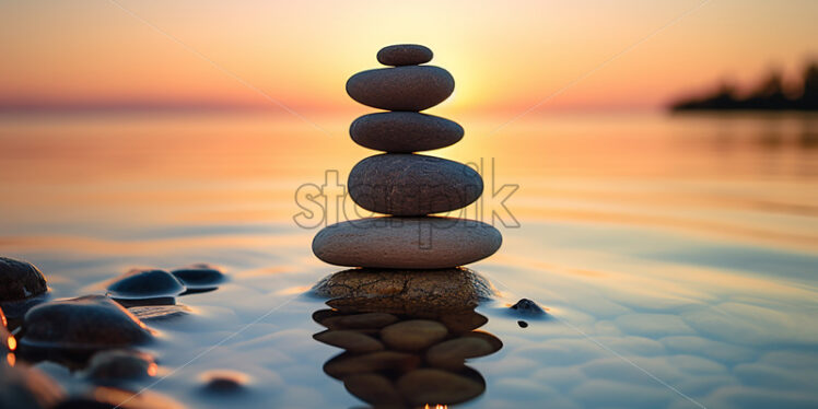 Several stones arranged one above the other on the shore of a lake - Starpik Stock