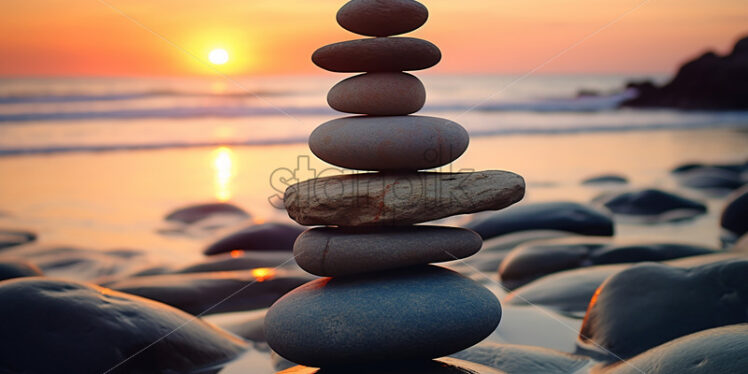 Several stones arranged one above the other on the shore of a lake - Starpik Stock