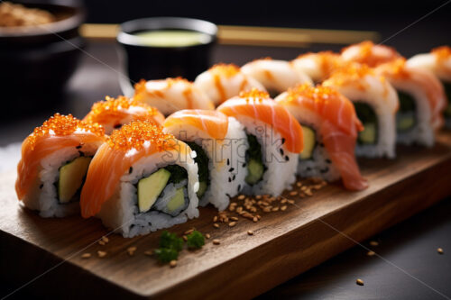 Several types of sushi on a wooden tray - Starpik Stock