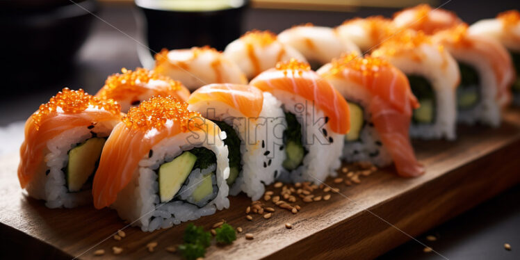Several types of sushi on a wooden tray - Starpik Stock