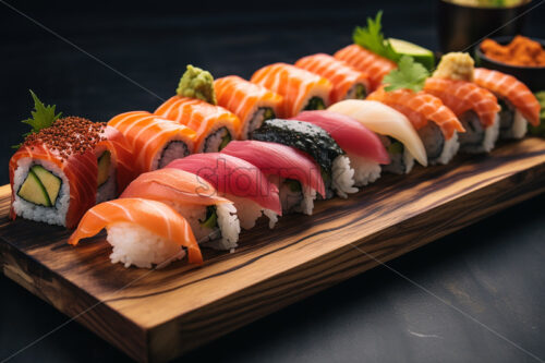 Several types of sushi on a wooden tray - Starpik Stock