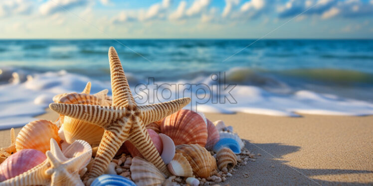 Shells and starfish thrown on a beach - Starpik Stock