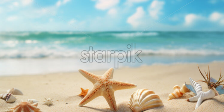 Shells and starfish thrown on a beach - Starpik Stock