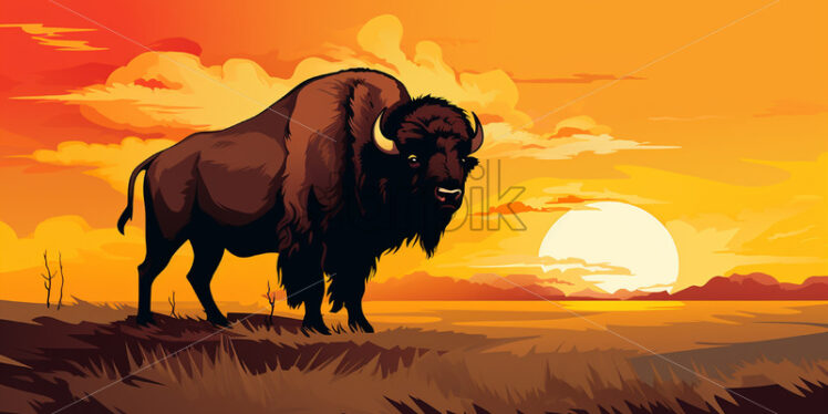 Silhouette of a buffalo in cartoon style at sunset - Starpik Stock