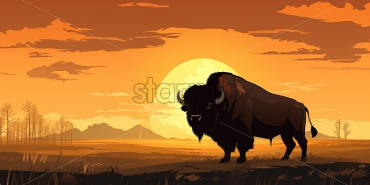 Silhouette of a buffalo in cartoon style at sunset - Starpik Stock