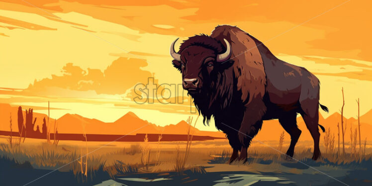 Silhouette of a buffalo in cartoon style at sunset - Starpik Stock