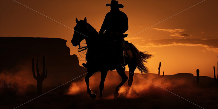 Silhouette of a cowboy on the field at sunset - Starpik Stock