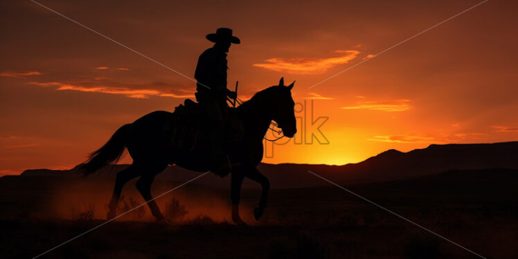 Silhouette of a cowboy on the field at sunset - Starpik Stock