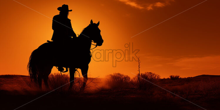 Silhouette of a cowboy on the field at sunset - Starpik Stock