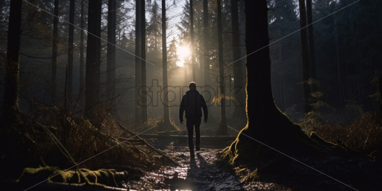 Silhouette of a man walking through the forest - Starpik Stock