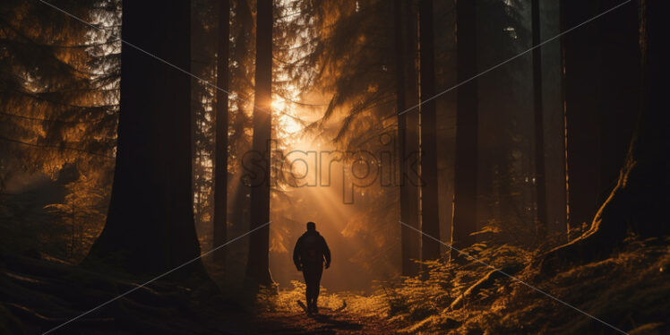 Silhouette of a man walking through the forest - Starpik Stock