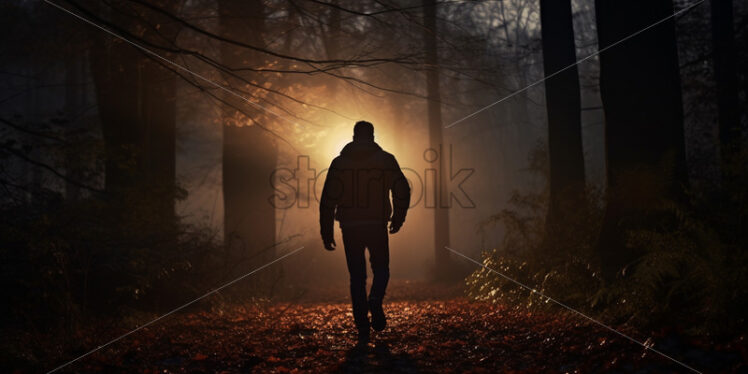 Silhouette of a man walking through the forest - Starpik Stock