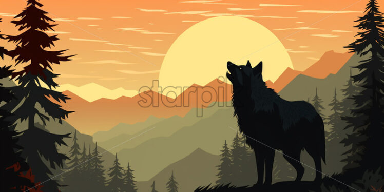 Silhouette of a wolf in the forest, illustration 2d - Starpik Stock