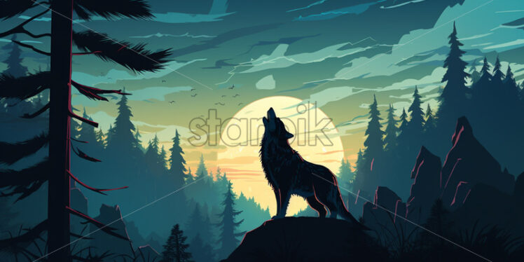 Silhouette of a wolf in the forest, illustration 2d - Starpik Stock