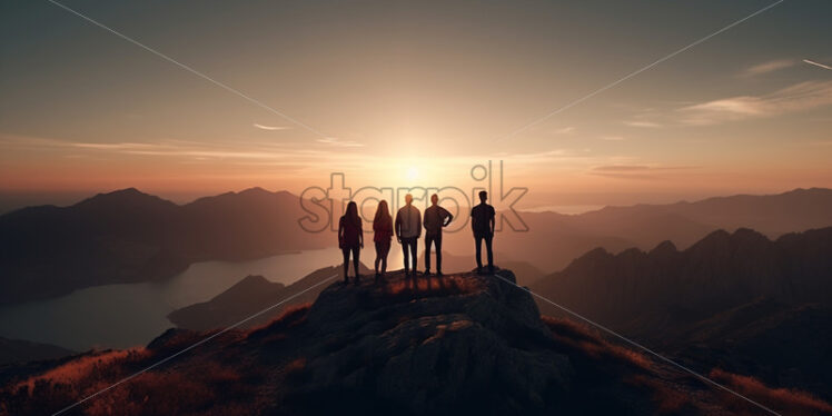 Silhouettes of a group of friends on a mountain at sunset - Starpik Stock