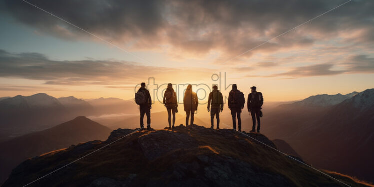 Silhouettes of a group of friends on a mountain at sunset - Starpik Stock