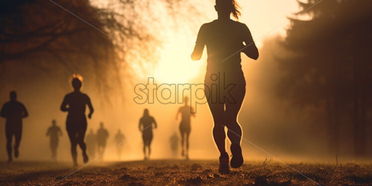 Silhouettes of athletes running in the park - Starpik Stock