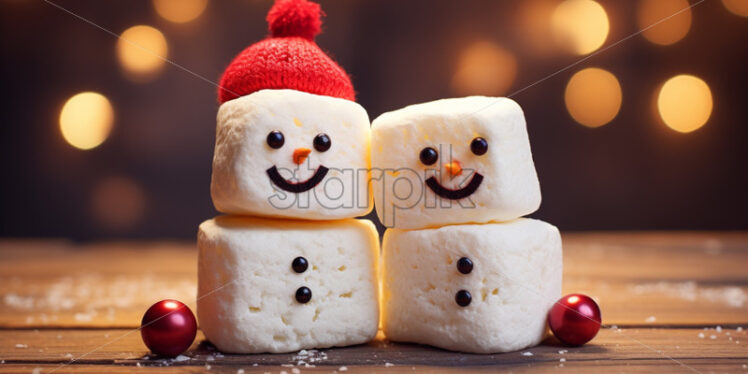 Small marshmallow snowmen decorations Christmas card background - Starpik Stock