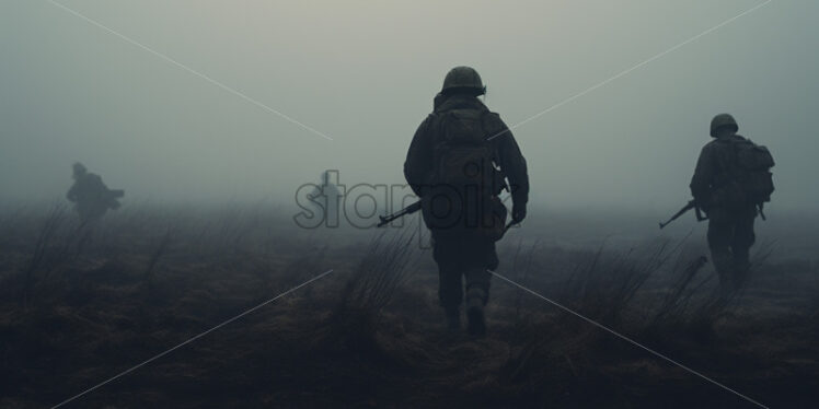 Soldiers with guns in hand on a field in the fog - Starpik Stock