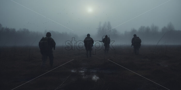 Soldiers with guns in hand on a field in the fog - Starpik Stock