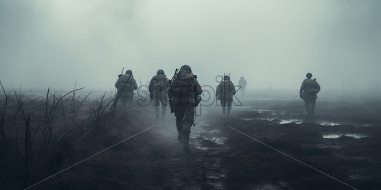 Soldiers with guns in hand on a field in the fog - Starpik Stock