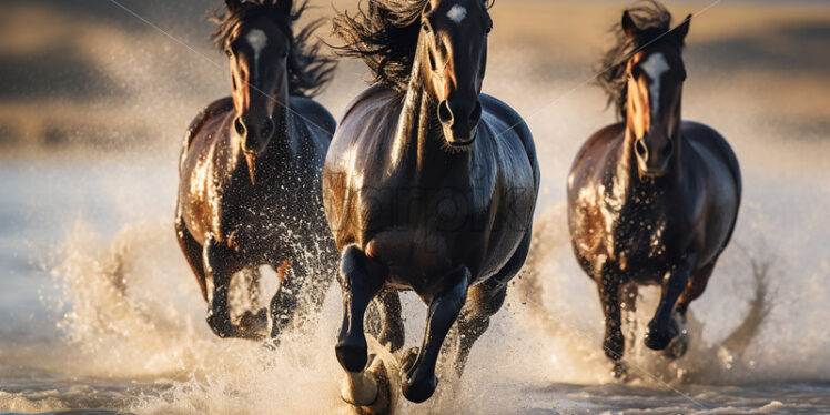 Some beautiful wild horses running through the water of a river - Starpik Stock