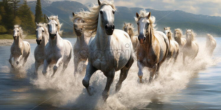 Some beautiful wild horses running through the water of a river - Starpik Stock