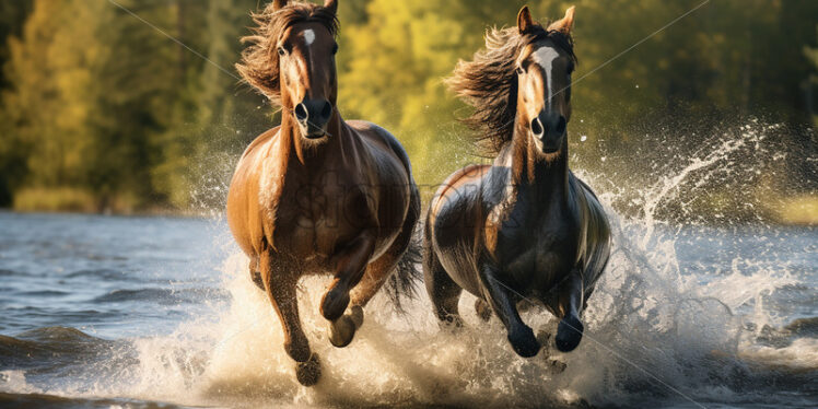 Some beautiful wild horses running through the water of a river - Starpik Stock