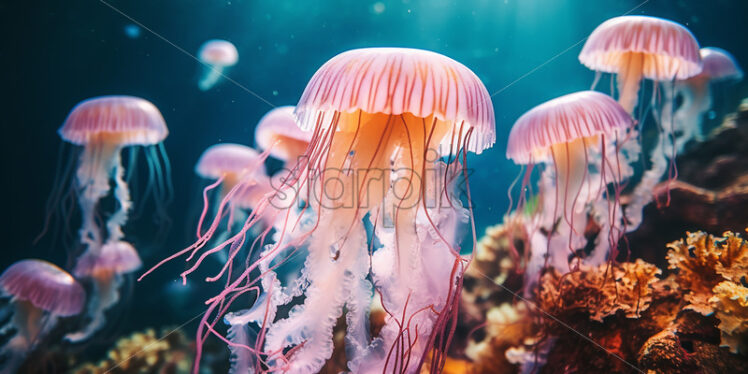 Some jellyfish in a coral reef - Starpik Stock