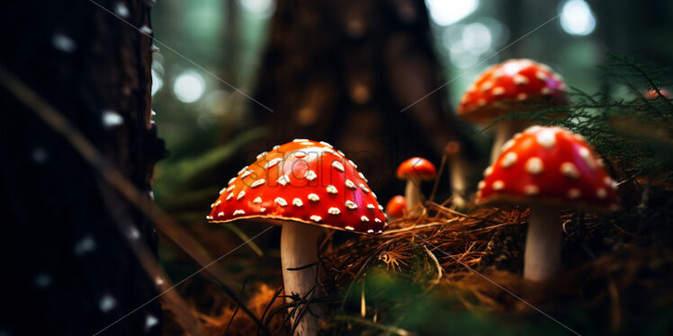 Some red mushrooms with white dots in a coniferous forest - Starpik Stock