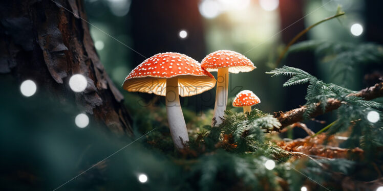 Some red mushrooms with white dots in a coniferous forest - Starpik Stock