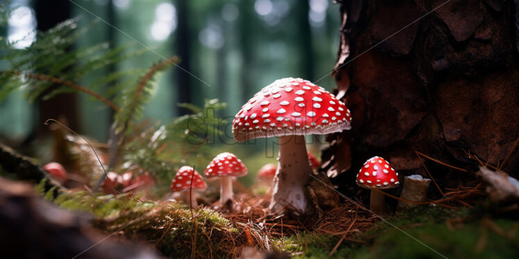 Some red mushrooms with white dots in a coniferous forest - Starpik Stock