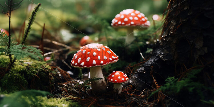 Some red mushrooms with white dots in a coniferous forest - Starpik Stock