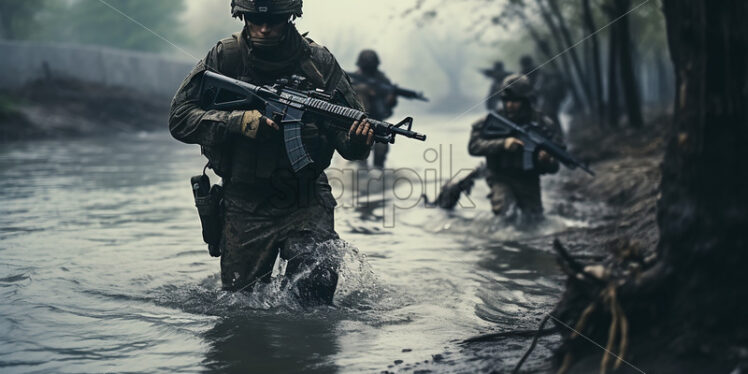 Some soldiers walk through the water - Starpik Stock