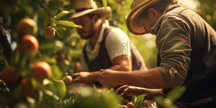 Some workers pick apples from an orchard - Starpik Stock