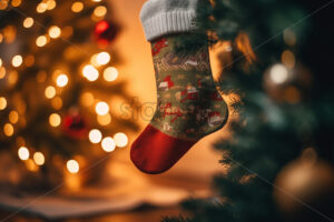 Stockings for the winter holidays hanging in the Christmas tree, festive atmosphere - Starpik Stock