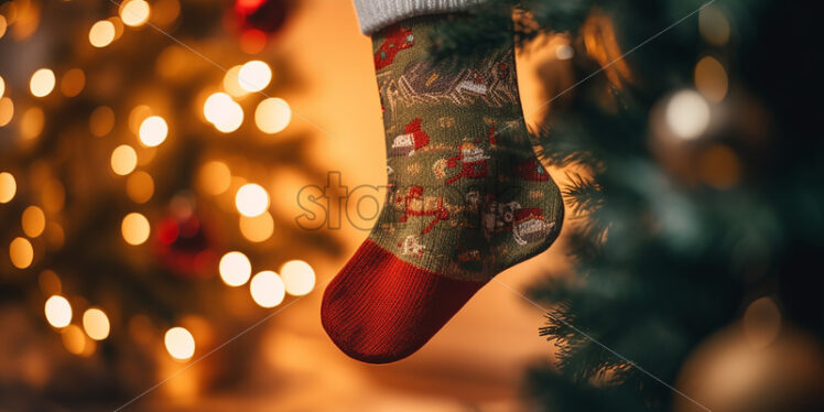 Stockings for the winter holidays hanging in the Christmas tree, festive atmosphere - Starpik Stock