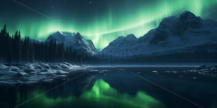 The Northern Lights above a lake in the mountains - Starpik Stock