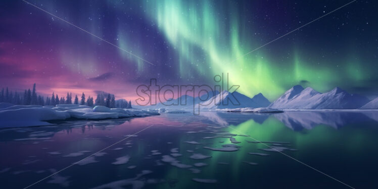 The Northern Lights above a lake in the mountains - Starpik Stock