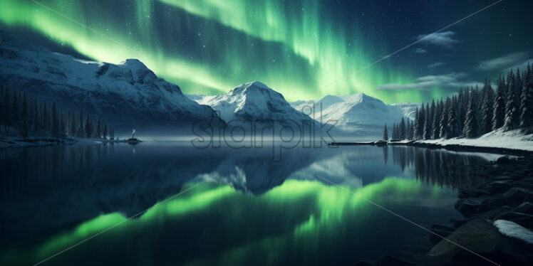 The Northern Lights above a lake in the mountains - Starpik Stock