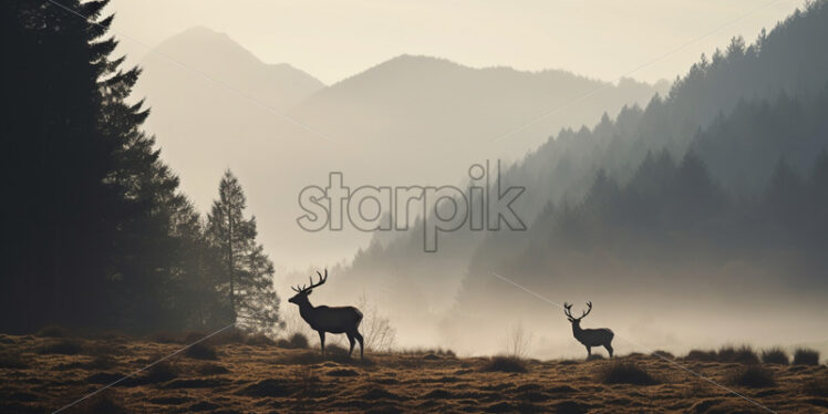 The silhouette of a deer on a plain in the mountains - Starpik Stock